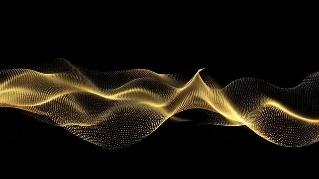 Abstract golden wave particles.  A smooth, flowing golden wave composed of tiny particles against a black background. The particles create a sense of movement and fluidity