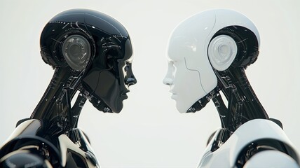 Two robots are standing and looking at each other