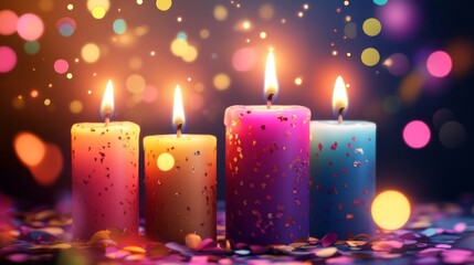 Colorful birthday candles with multicolored wax flames surrounded by bokeh lights and scattered confetti on a festive background, ideal for celebration themes, party invitations, and birthday decorati