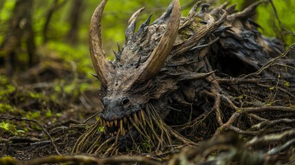 Majestic horned creature gnawing on roots in lush forest closeup view nature fantasy detailed environment