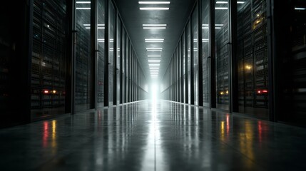 Dark data center with neon lighting, row of server cabinets on both sides, cinema lighting, dark background, hazy light. Quantum computing concept.