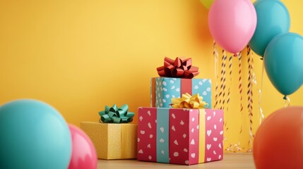 Colorful paper gift boxes with bows arranged near bright multi-colored balloons in corner of festive room for celebration or party decoration concept
