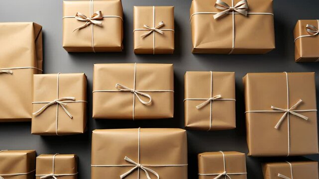 Parcels background. Brown gift boxes tied with rope on a flat gray background. The boxes are various sizes and shapes, all wrapped in brown paper.