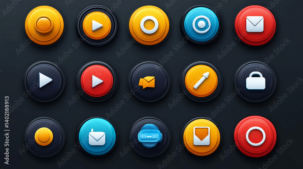Poster colorful round app icons vector set for ui design elements and mobile application interface developm