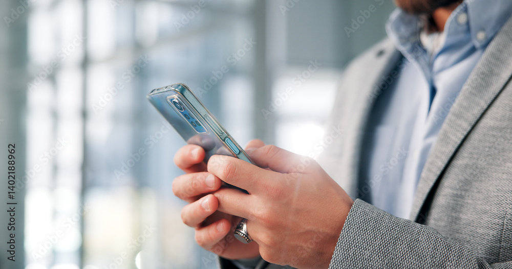Aufkleber hands, business and man with cellphone, connection and digital app for email, internet and website i