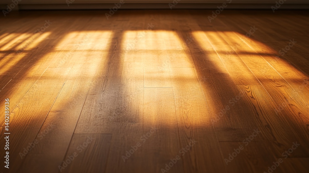 Fototapete warm sunlight streams through half-open blinds, illuminating floating dust particles and casting sha
