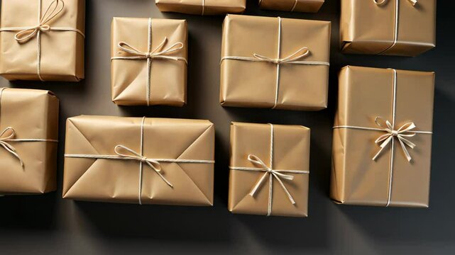 Parcels background. Brown gift boxes tied with rope on a flat gray background. The boxes are various sizes and shapes, all wrapped in brown Stylish paper.
