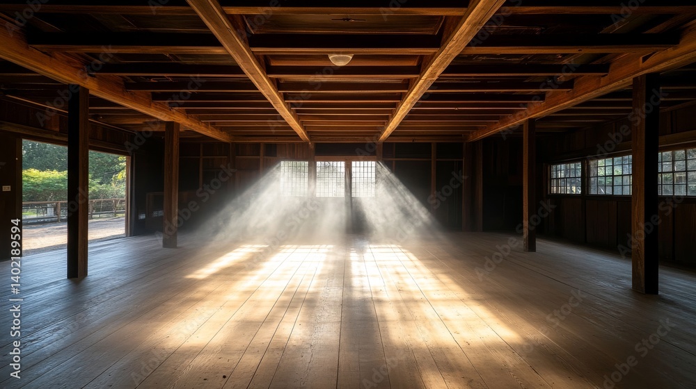 Poster sunlight streams into an old, dusty room, casting soft beams that reveal motes of dust dancing above