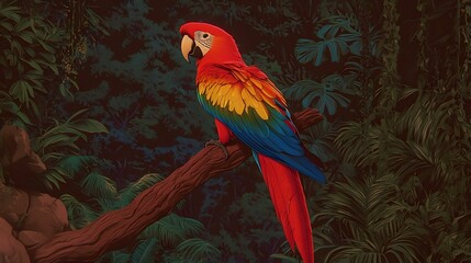 Fototapeta premium Scarlet Macaw perched on a branch in a lush tropical rainforest.