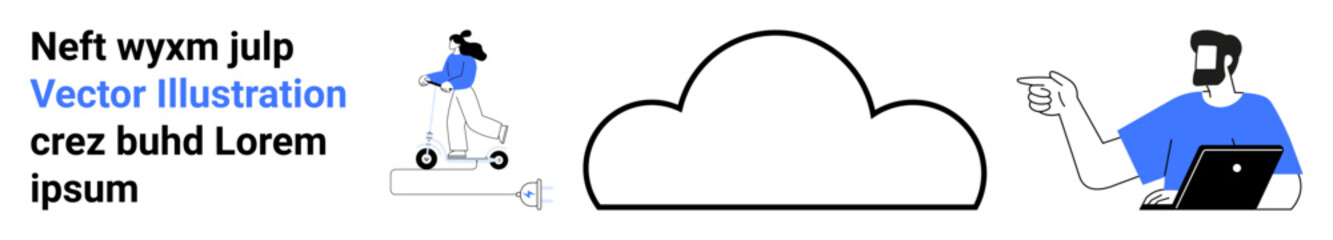 Electric scooter rider, cloud icon, man with laptop gesturing. Ideal for technology, communication, mobility, cloud computing, teamwork innovation digital solutions. Flat landing page banner