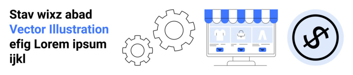 Desktop screen with shopping interface, gear icons for productivity and settings, dollar sign for revenue ideal for e-commerce, business, technology, finance, digital marketing, startup, simple
