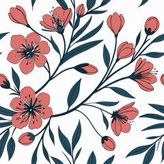 Seamless floral vector pattern with pink flowers and green leaves  