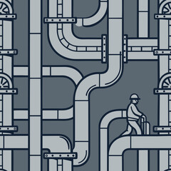 Worker navigating industrial pipes in a seamless vector pattern  