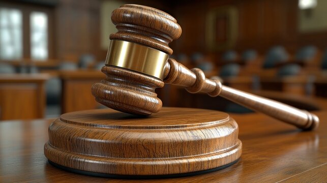 Wooden gavel on a table in a courtroom