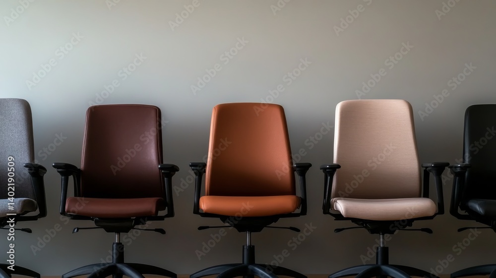 Aufkleber An assortment of modern office chairs in multiple styles and colors is neatly arranged against a soft gray background, showcasing ergonomic designs and contrasts