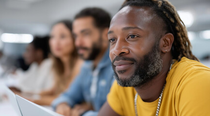 Obraz premium A diverse group of young professionals gathered around an open laptop, engaged in creative work and sharing ideas. They include one African American man with dreadlocks wearing a y