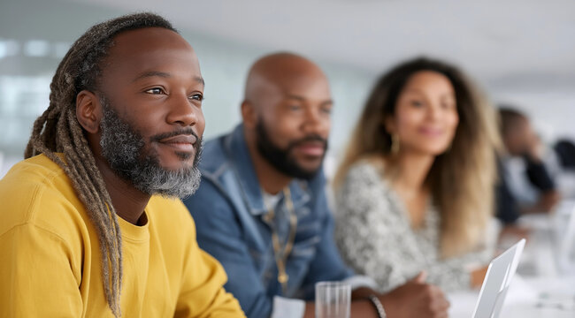 A diverse group of young professionals gathered around an open laptop, engaged in creative work and sharing ideas. They include one African American man with dreadlocks wearing a y