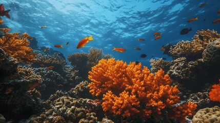 Naklejka premium Vibrant underwater scene showcasing a diverse coral reef teeming with colorful fish. Ideal for nature documentaries, marine biology publications, or aquarium websites.