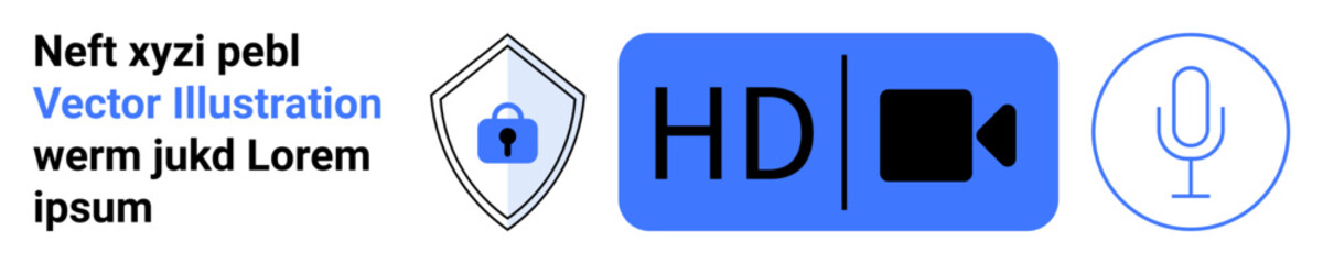 Security shield with lock, HD video icon, and microphone representing privacy, media quality, and communication. Ideal for security, streaming, video conferences, tech settings online safety media