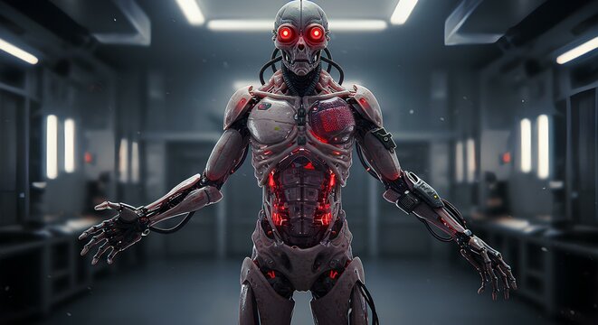 Cyborg Alien Hybrid with Mechanical Limbs and Glowing Cybernetic Enhancements
