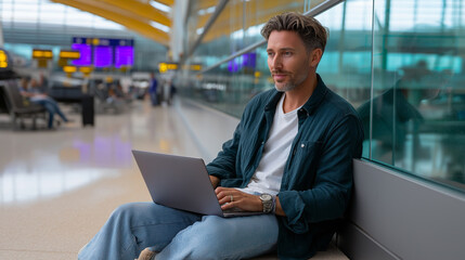 A businessman waits in an airport terminal, using a laptop to work on a conference presentation in a bustling boarding lounge. The modern hub features glass walls, planes outside,