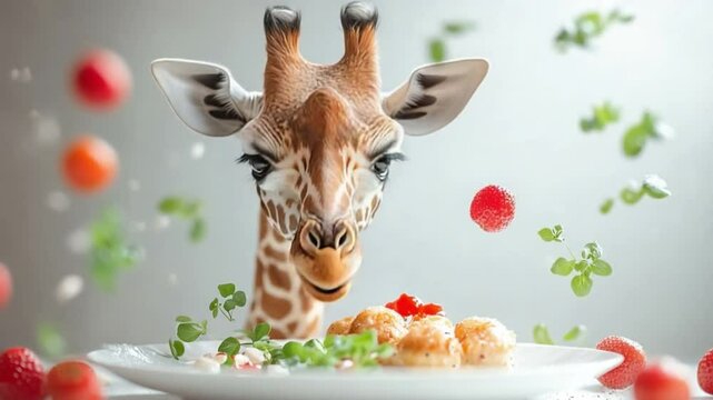 Giraffe enjoying gourmet meal:A curious giraffe's head peeks playfully into the frame, seemingly enjoying a gourmet meal of cream puffs and fresh strawberries.