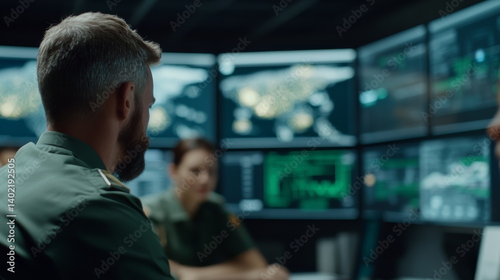 Aufkleber uniformed personnel concentrate on digital displays showing satellite imagery and tactical overlays,