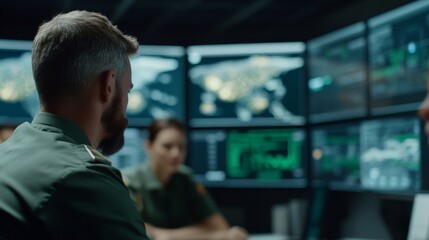 Fototapeta premium Uniformed personnel concentrate on digital displays showing satellite imagery and tactical overlays, facilitating real-time data analysis in a high-tech operations room