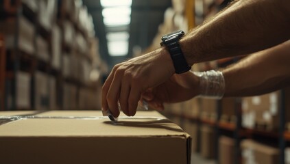 Workers sealing a cardboard box in a warehouse
