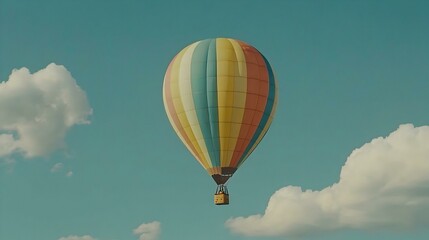 Naklejka premium Colorful hot air balloon soaring through a vibrant blue sky, surrounded by fluffy white clouds. A serene and adventurous scene.
