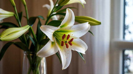 Obraz premium Serene white lilies bask in soft light radiating purity and natural beauty.