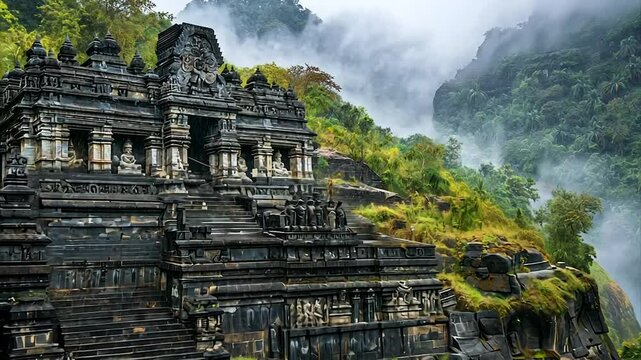 Ancient stone temple, mist-shrouded hillside, tiered structure, intricate carvings