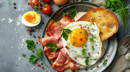 Top-down view of Ham and Eggs with crispy toast, fresh herbs, and cherry tomatoes on a plate