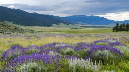Lavender field in mountainous landscape. Serene scenery under a cloudy sky.
