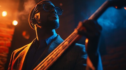 Musician playing bass guitar on smoky stage