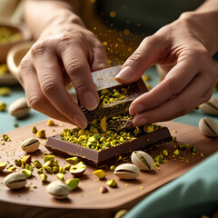 Breaking Chocolate with Pistachios on Rustic Background