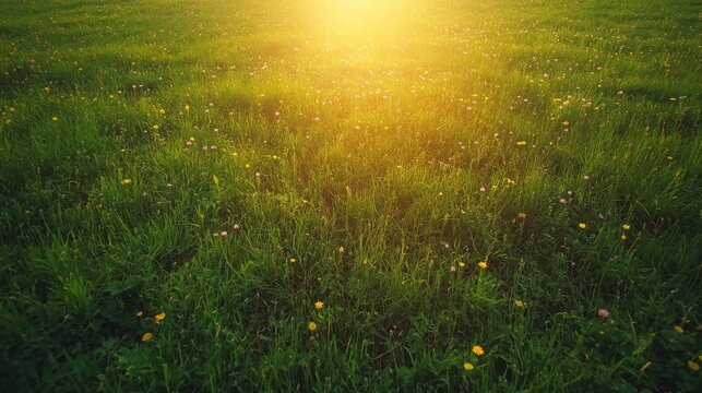 Aerial view of a sunlit meadow with yellow daisies and pink clover, showcasing lush green grass in delicate patterns perfect for seasonal themes