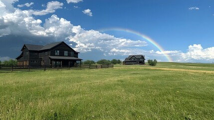Two dark-wood houses on a grassy field with a rainbow under a partly cloudy sky.