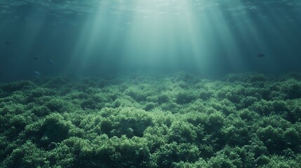 Fototapeta premium Underwater coral reef scene with sunbeams penetrating the water. Serene and peaceful underwater landscape. Ideal for nature documentaries, websites, and desktop backgrounds.