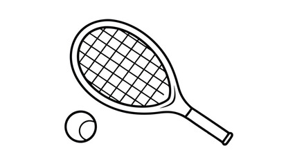 Tennis Racket And Ball Outline Illustration For Sporting Goods And Activity Themes Black And White Simple Design