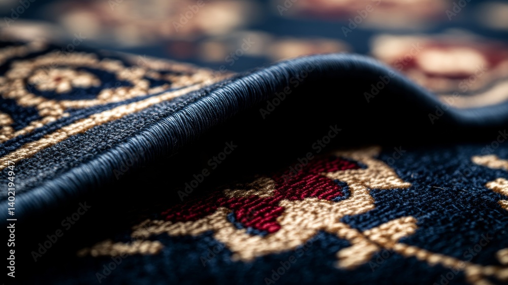 Poster Richly textured carpet features vibrant red and deep navy threads woven into geometric and floral patterns under soft directional light highlighting its artistry