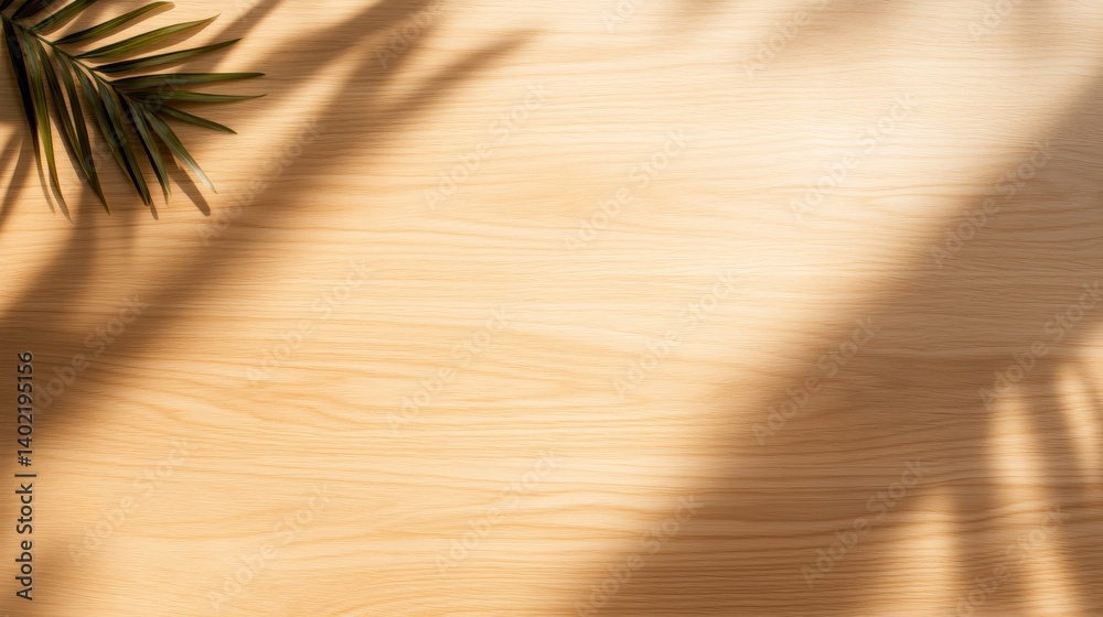 Aufkleber soft palm leaf shadows are cast across a clean light wood table surface, creating a serene and minim
