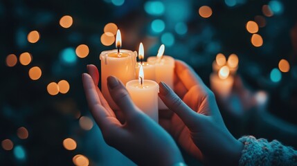 Hands holding lit candles, festive ambiance
