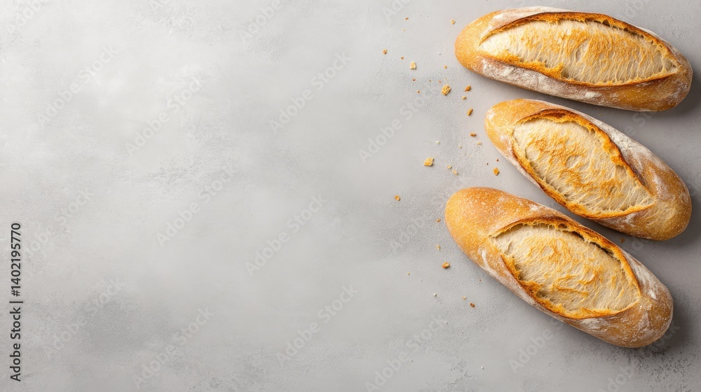 Poster golden crusted french baguette is placed diagonally on a seamless light backdrop, enhanced with subt