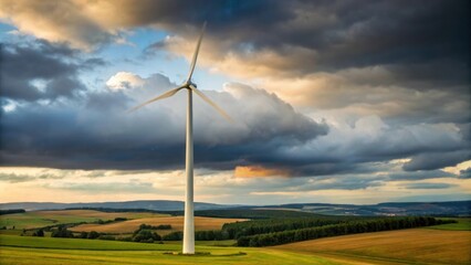Obraz premium Wind turbine generating renewable energy on rural landscape under cloudy sky