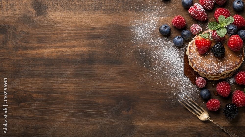 Poster fluffy pancakes are stacked high, dusted with powdered sugar, drizzled with maple syrup, and garnish