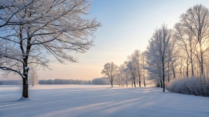 Obraz premium Snow covered trees and field in peaceful winter landscape at sunset