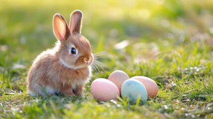 A bunny with Easter eggs in a field.