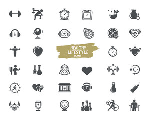 Healthy lifestyle icon set. Contains such Icons as diet, exercise, sleep, running, routine, gym, nutrition, cardio exercises, sports supplements, yoga, self-care, culture and hobbies icons
