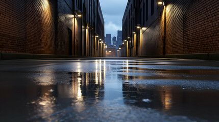 A dramatic perspective of a narrow urban alleyway after rain